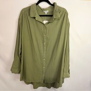 New Wonderly Green Olive Texture Button Down 2X Long Sleeve Flowy Gauzey Cotton